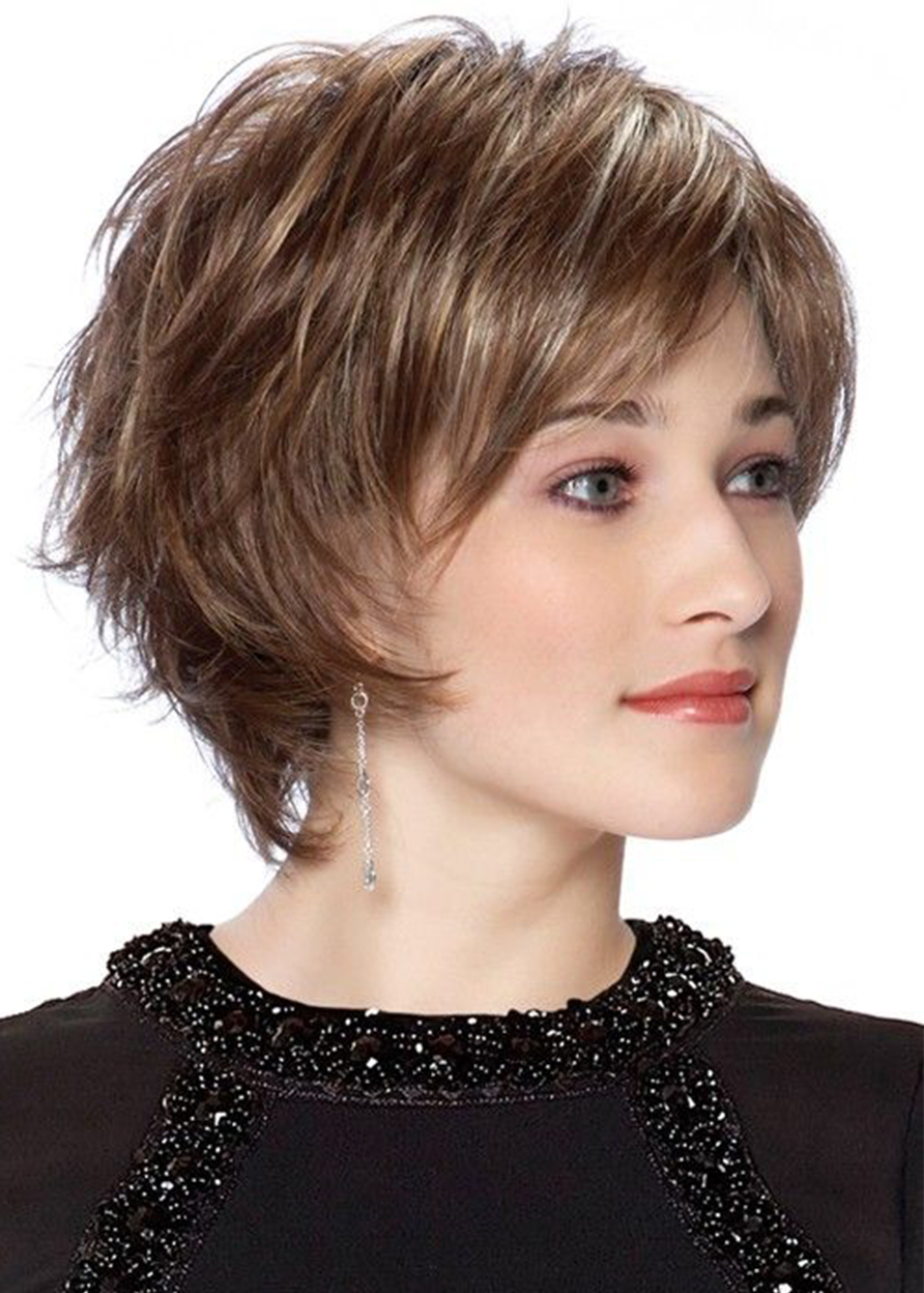 Natural Looking Women's Pixie Cut Straight Elegant Human Hair Lace Front Wigs With Bangs 10Inch