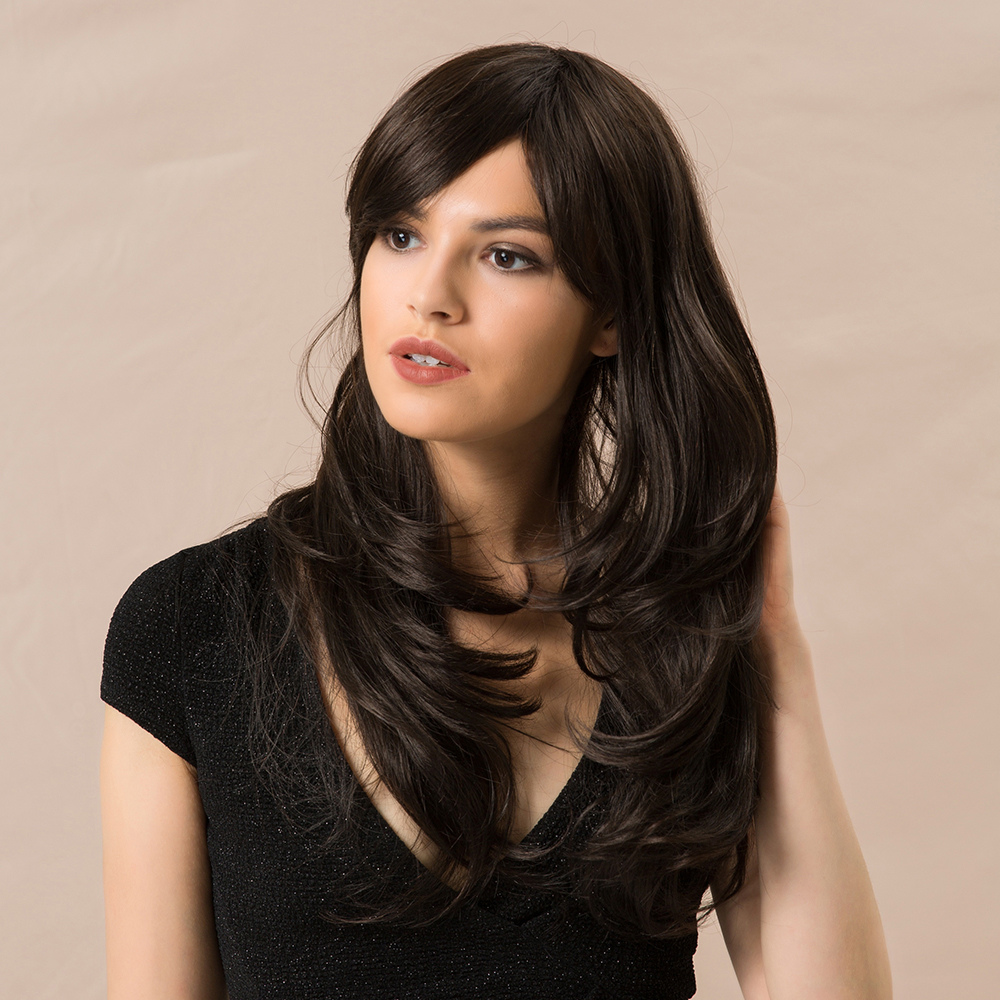 Long Wavy Human Hair Blend Wigs With Bangs 24 Inches