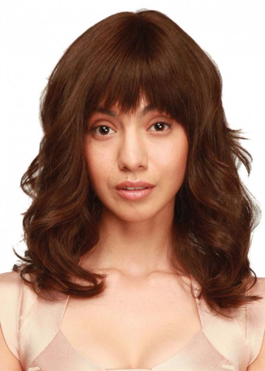 Women's Medium Layered Hairstyles Wavy Synthetic Hair Capless Wigs With Bangs 22Inch