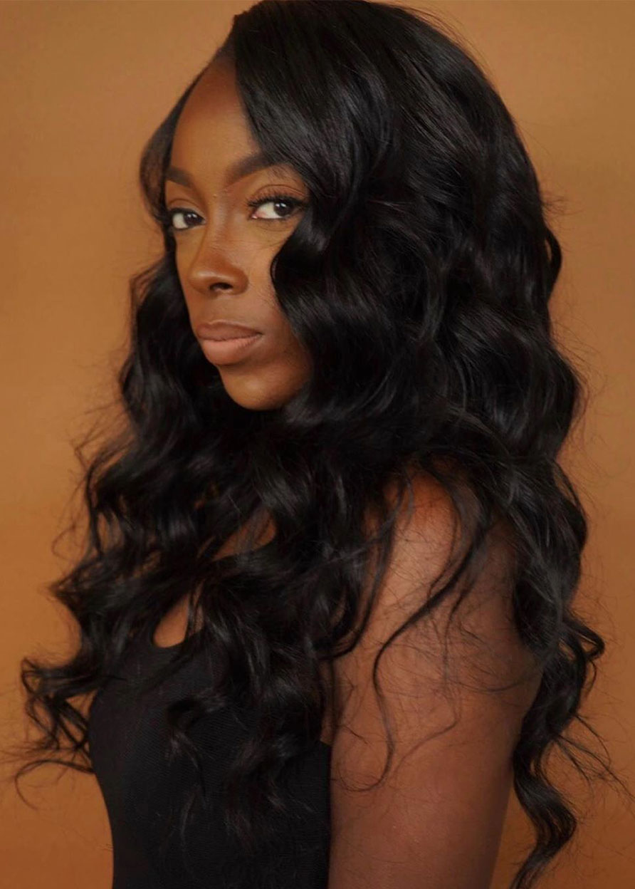African American Women's Long Wavy Human Hair Lace Front Wigs 22Inch