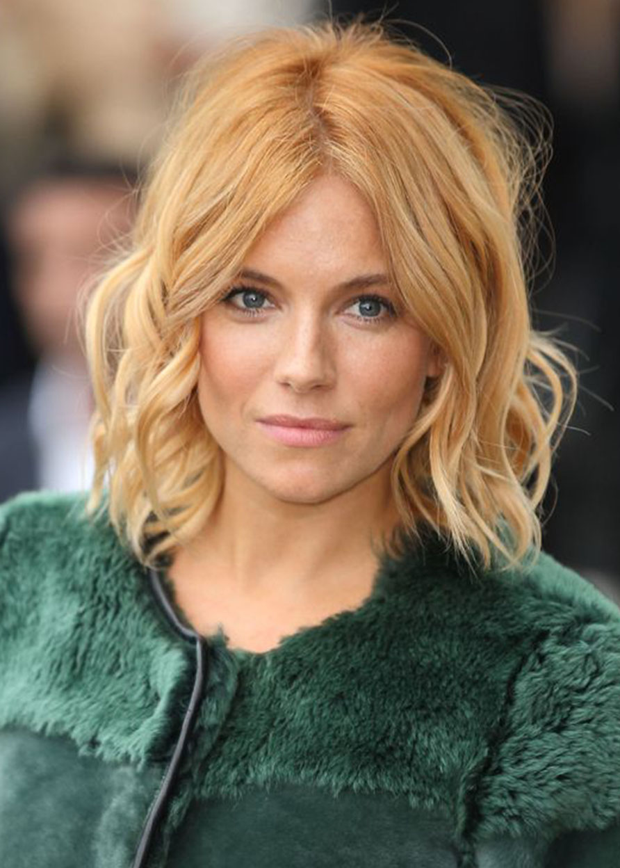 Sienna Miller's Blonde Lob Women's Medium Layered Hairstyle Wavy Synthetic Hair Capless Wigs 14Inch