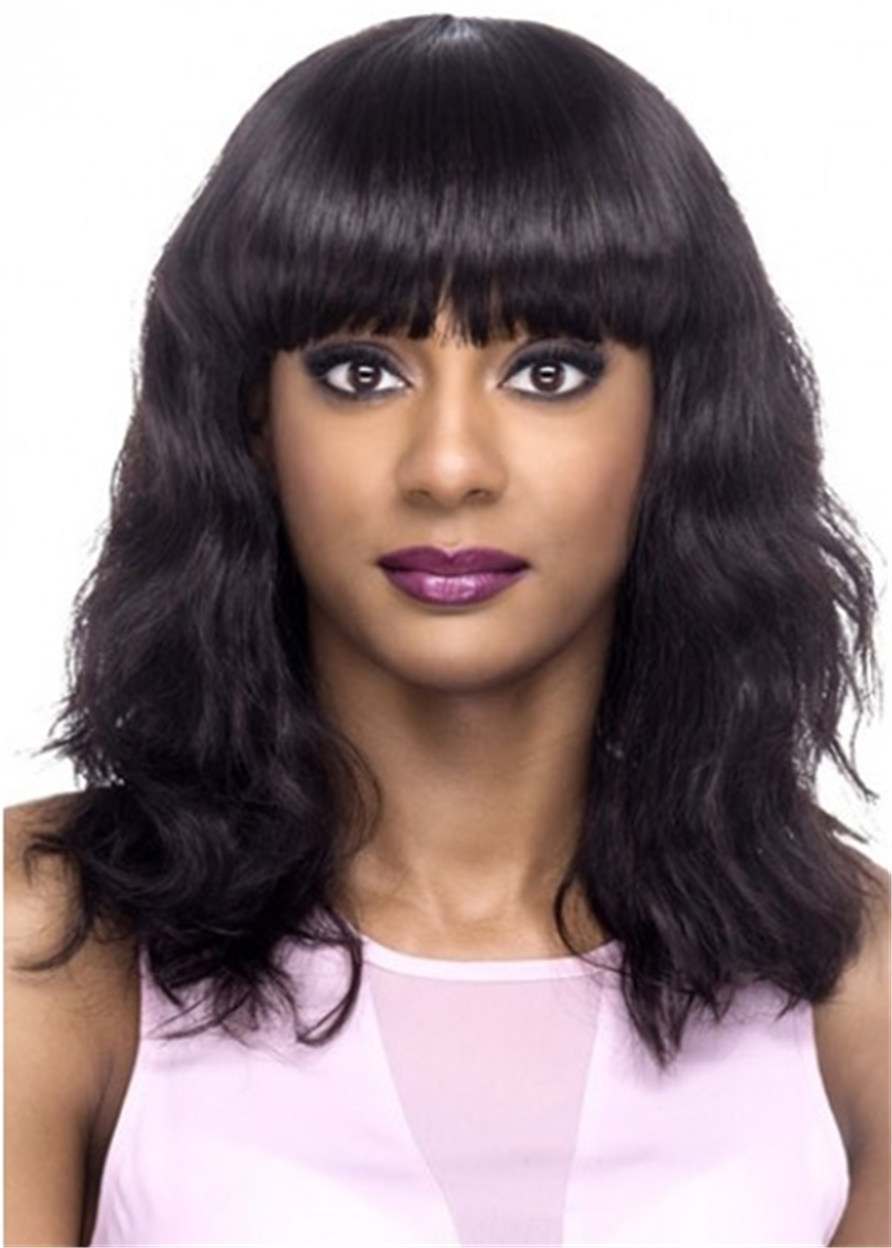 African American Wigs Natural Wavy Human Hair Wig With Full Bangs 16 Inches