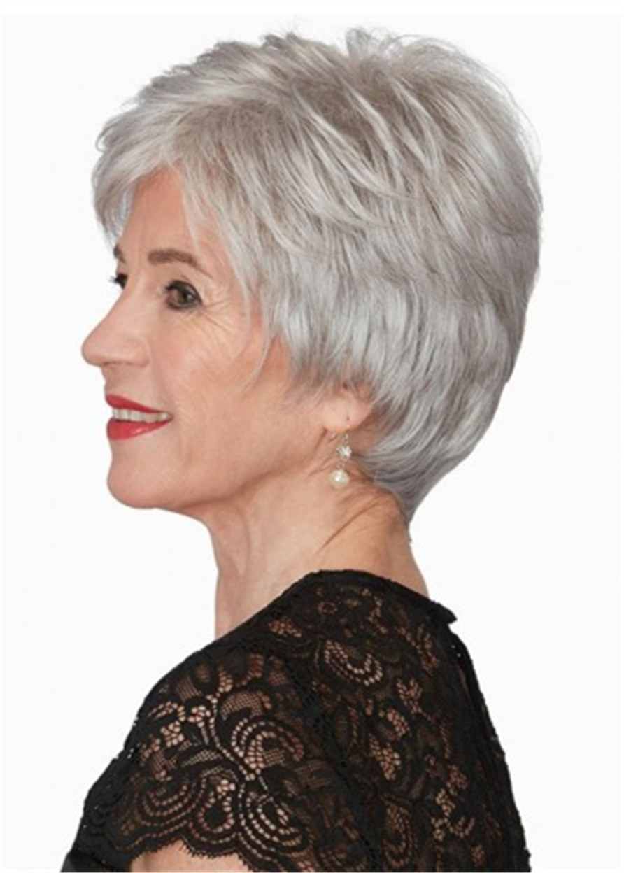 Short Pixie Cut Human Hair Grey Lace Front Wig With Bangs 10 Inches
