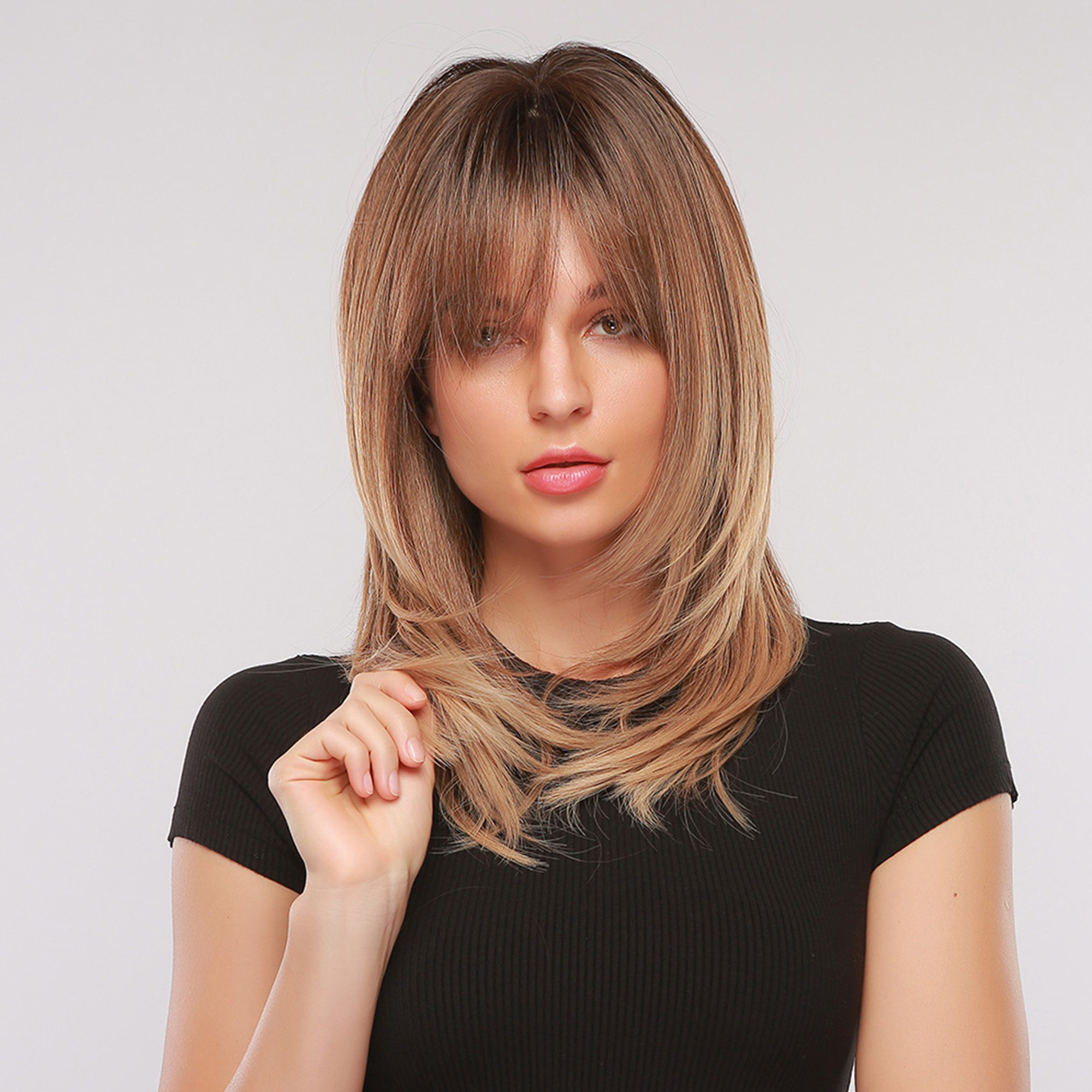 Chin-Length Natural Straight Synthetic Hair With Bangs Women Capless Wig 18 Inches
