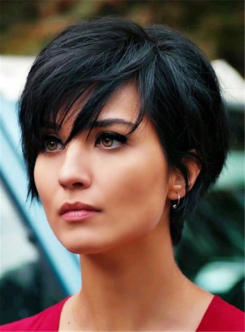 Layered Natural Black Pixie Short Messy Synthetic Hair With Straight Bangs Capless Wigs 6 Inches