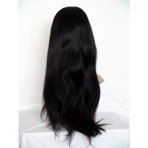Super Charming Long Smooth Yaki Human Hair Straight Black Lace Front Wig 30 Inches