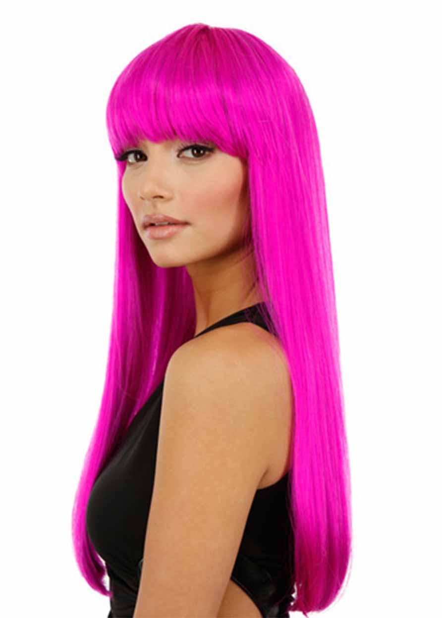 Halloween Cosplay Wigs Women's Pink Long Bob Straight Synthetic Hair Capless Wigs 22Inch