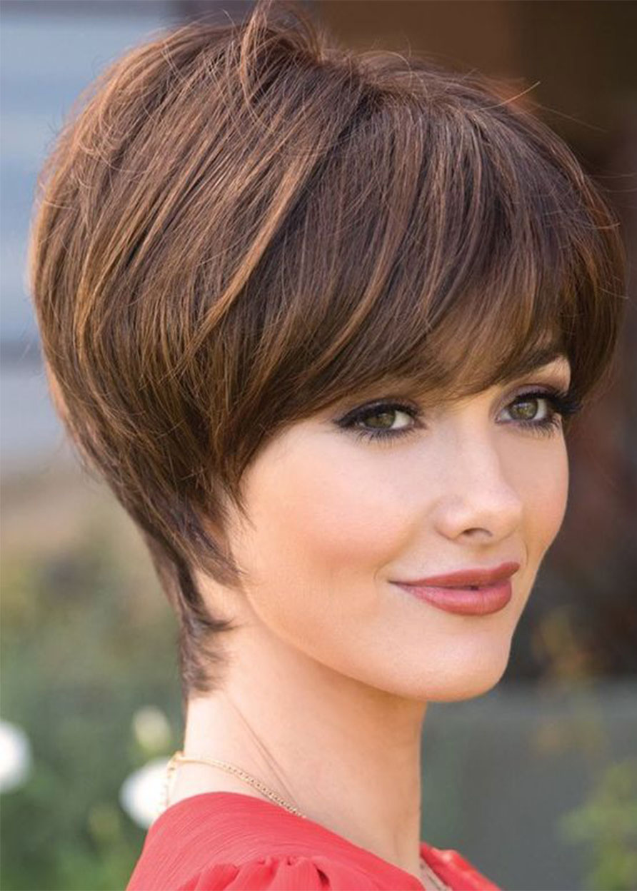 Elegant Women's Pixie Cut Bob Hairstyles With Bangs Straight Human Hair Wigs Lace Front Wigs 8Inch