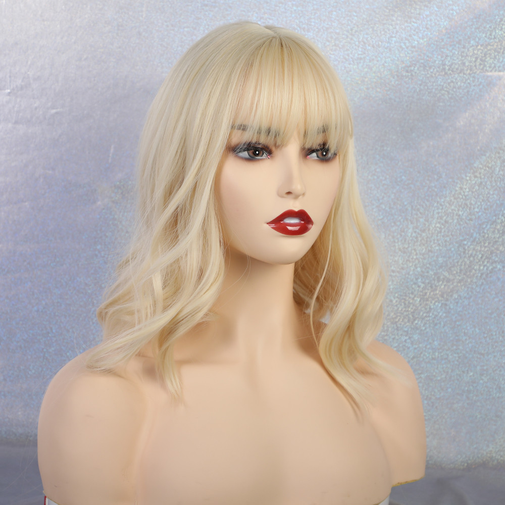 Women's Long Wavy Bob Synthetic Hair Wigs With Neat Bangs 14 Inches