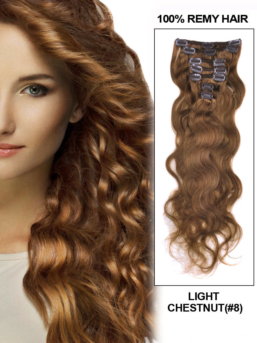 Wavy Light Chestnut (#8) 7PCS Clip in Remy Human Hair Extensions