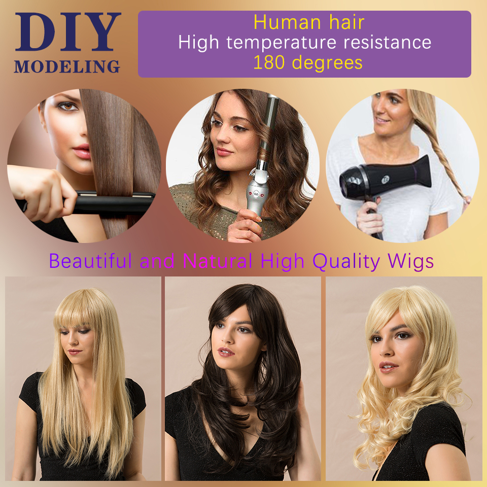 130% Density Women's Straight Human Hair Blend Capless Wigs With Bangs 10Inches