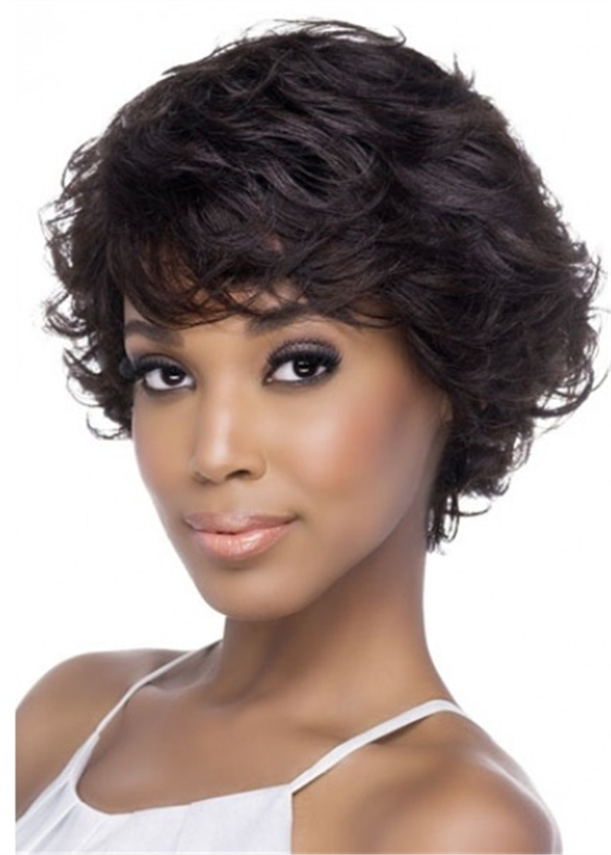 Natural Human Hair Wig With Sweeping Bangs For African American Women 10 Inches