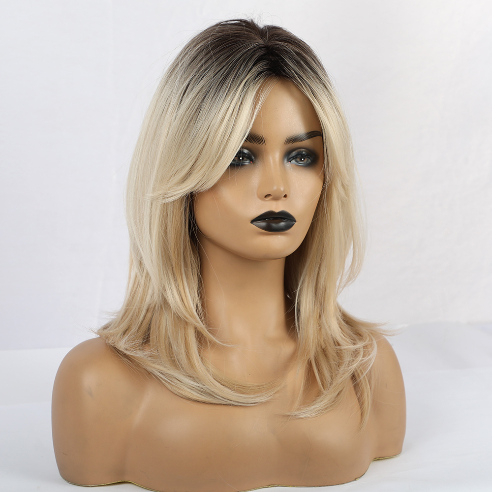 Ombre Blonde Layered Straight Synthetic Wigs With Bangs For American African Women