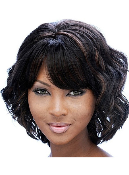 African American Women Middle Length Body Wave Full Bang Capless Synthetic Wigs 12 Inches