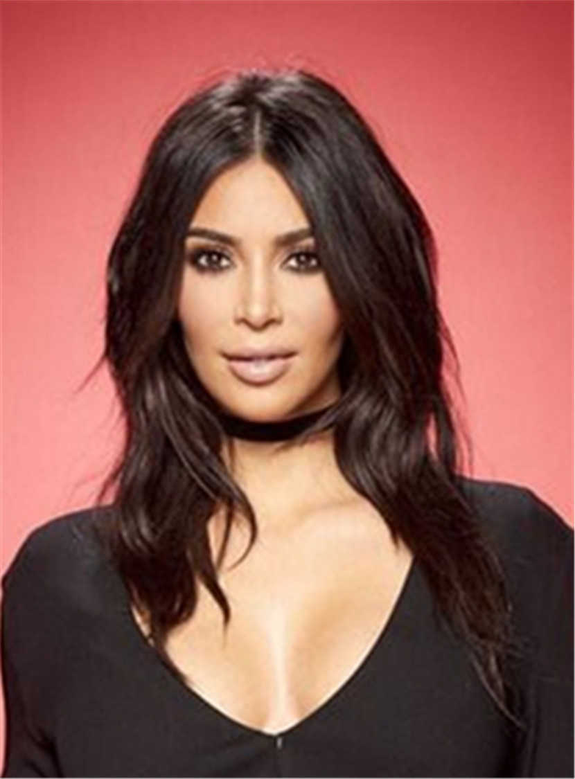 Kim Kardashian Long Loose Wave Middle Part Lace Front Human Hair Wigs 16 Inches
