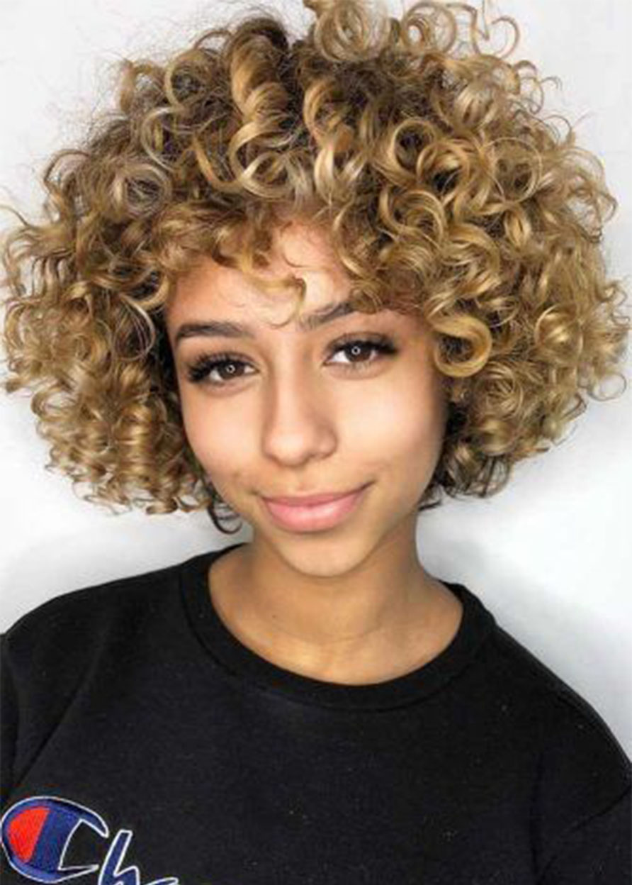 Afro Wig Synthetic Kinky Curly Wig for Women Short Curly Hair with Bangs Capless Wig 16inch