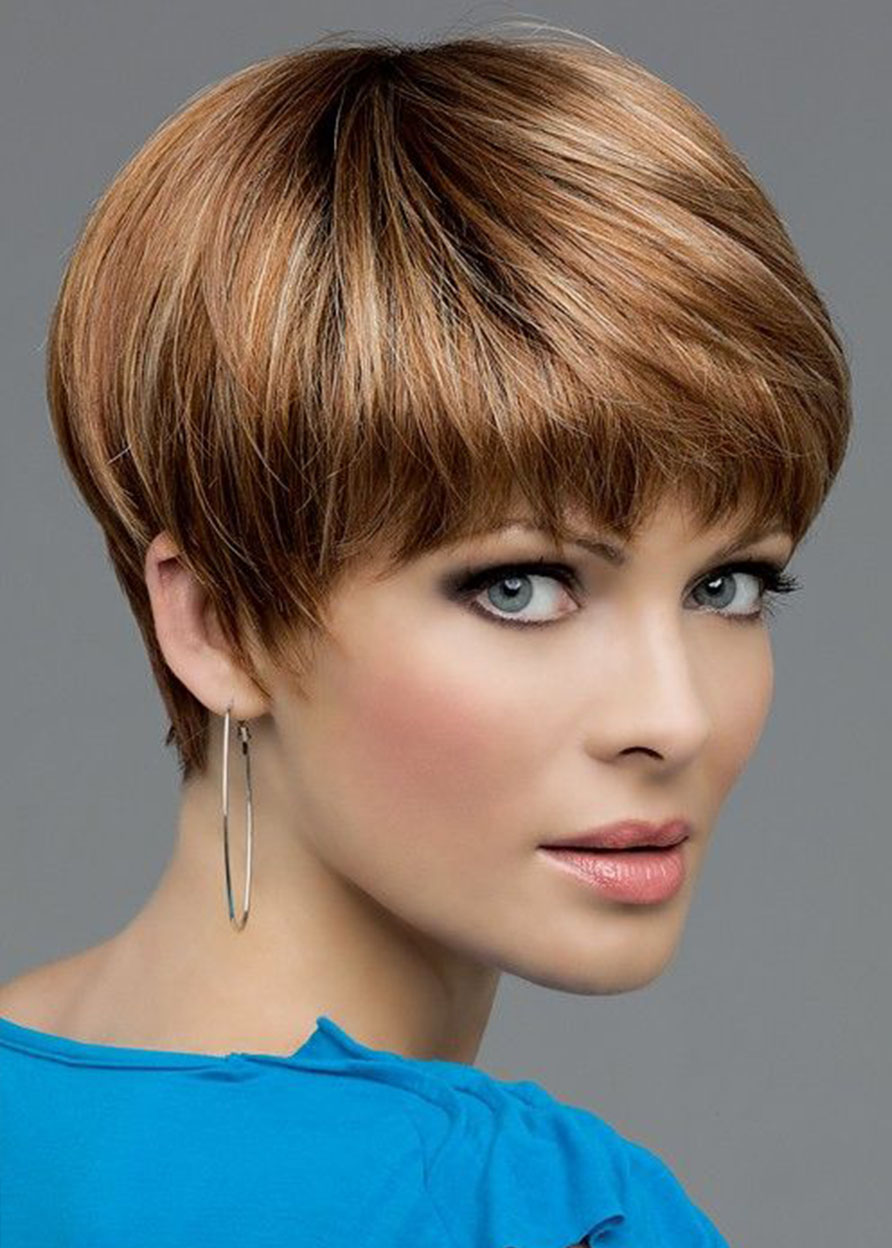 Brown Color Women's Short Pixie Cut 100% Human Hair Straight Lace Front Wigs 10Inches