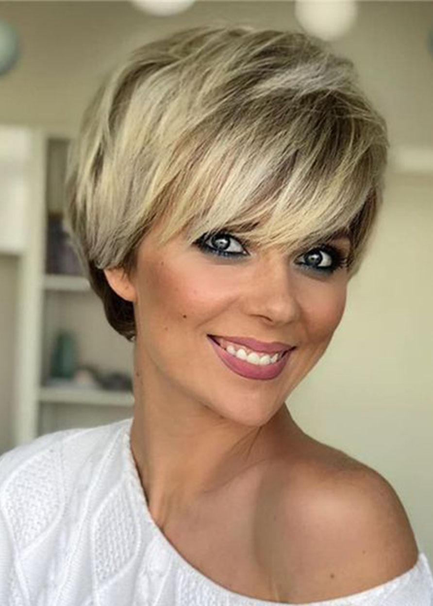 Short Blonde Wigs Straight Bob Hair Wigs with Bangs Natural Looking Synthetic Capless Wig 10inch