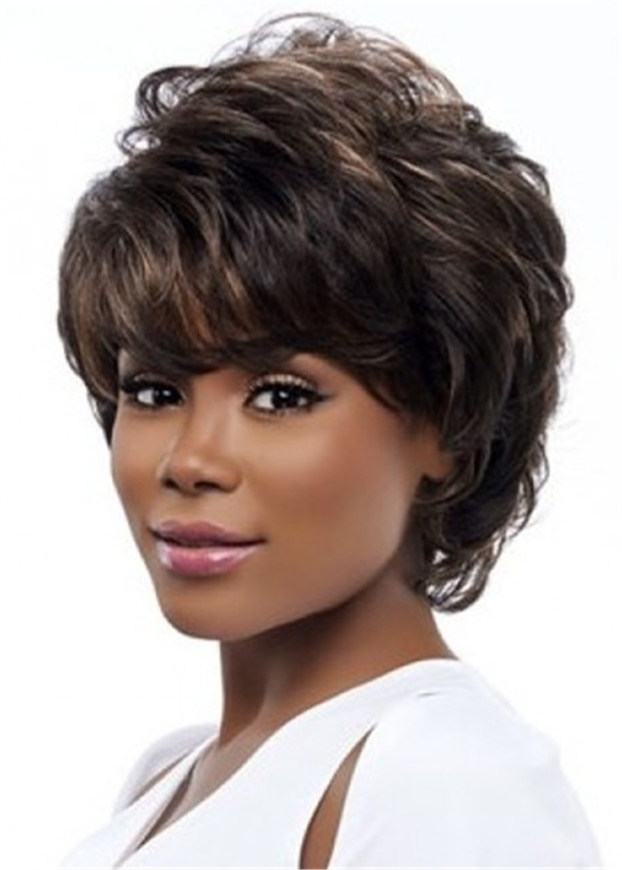 Short Wavy Layered Wig With Bangs For Black Women Capless 10 Inches