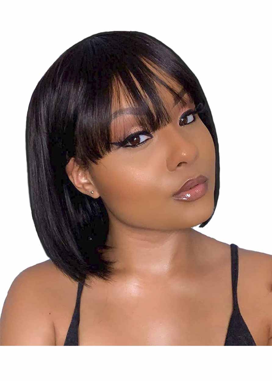Natural Looking Women's Short Bob Hairstyles Straight Human Hair Wigs With Bangs Capless Wigs 12Inch