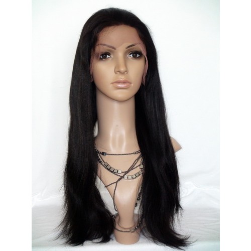 Super Charming Long Smooth Yaki Human Hair Straight Black Lace Front Wig 30 Inches