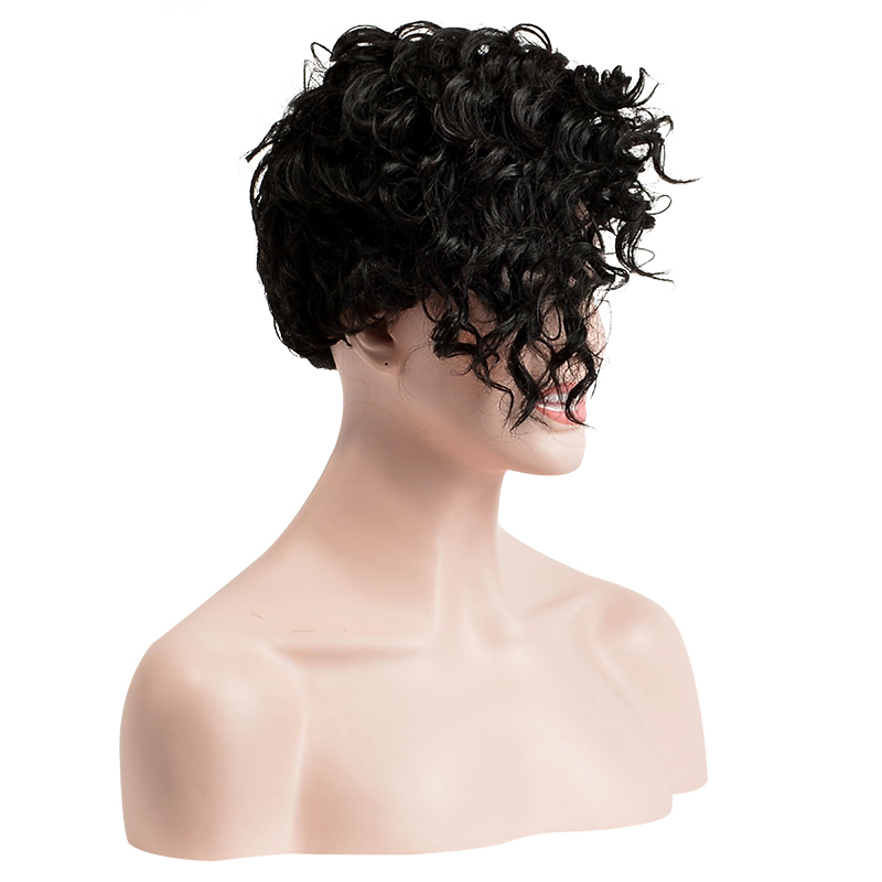 Hot Pixie One Side Part Short Messy Kinky Curly Synthetic Hair With Bangs Capless Cap Wigs 8 Inches
