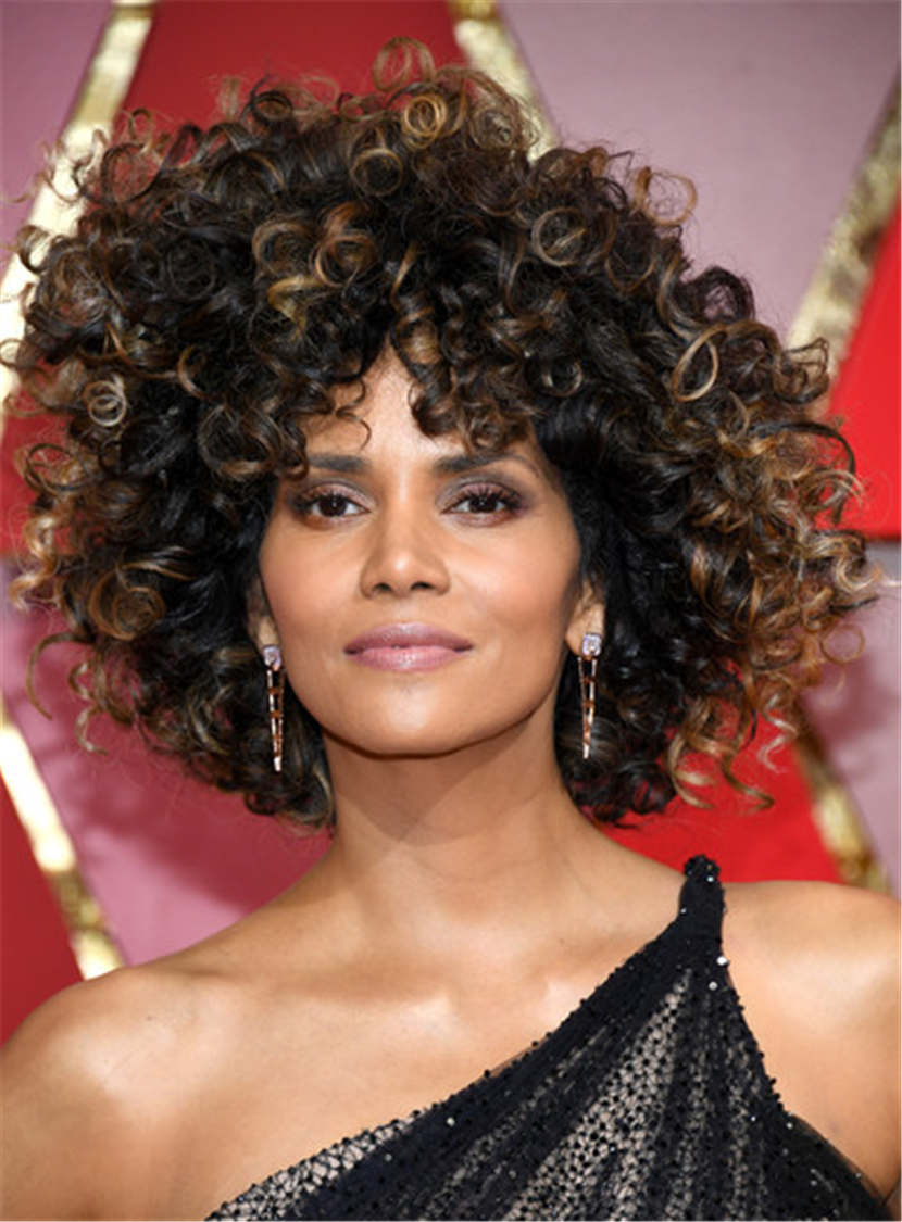 Halle Berry Mixed Color Kinky Curly Synthetic Hair With Bangs Medium Tight Coils Capless Cap Wigs 12 Inches 12