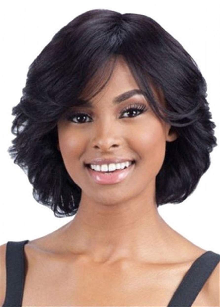 Chin-Length Shag Wavy Human Hair Wig 14 Inches For Black Women