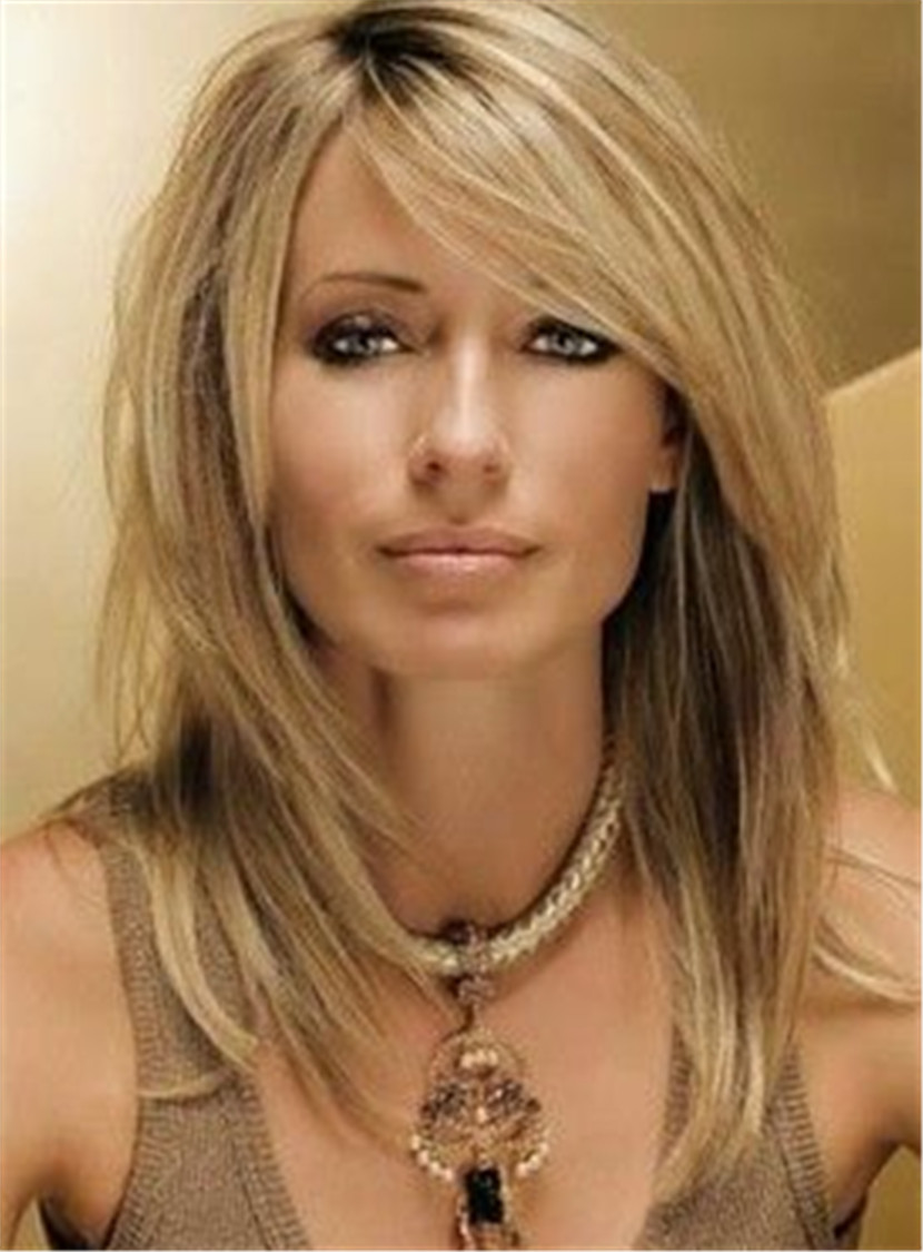 Sexy Side Swept Straight Human Hair Women Capless Wigs 14 Inches