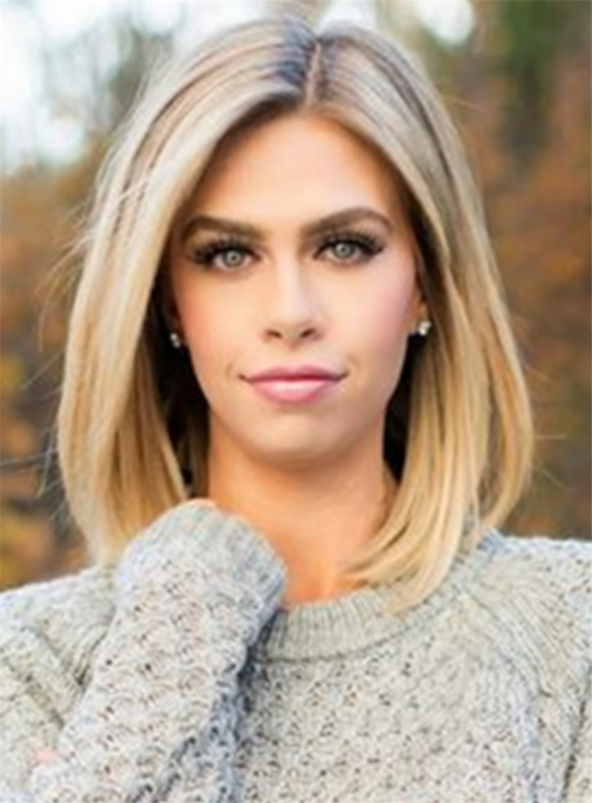 Mid-length Straight Blonde Full Lace Human Hair Wig 12 Inches