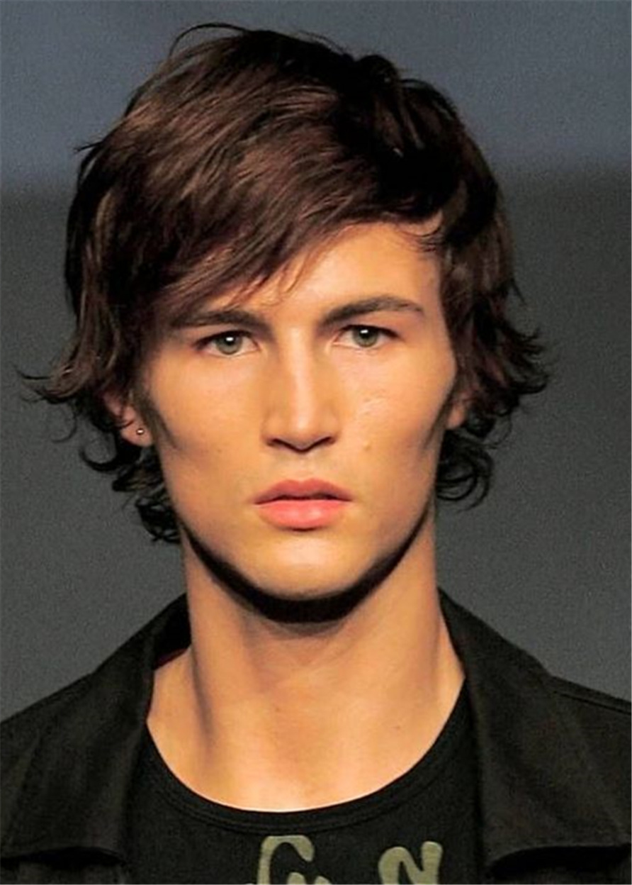 Men's Wavy Human Hair With Side Bangs Capless Wig 8 Inches