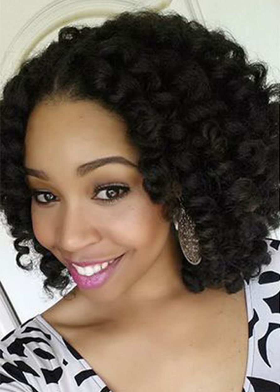 Afro American Medium Curly Lace Front Human Hair Wigs 16 Inches