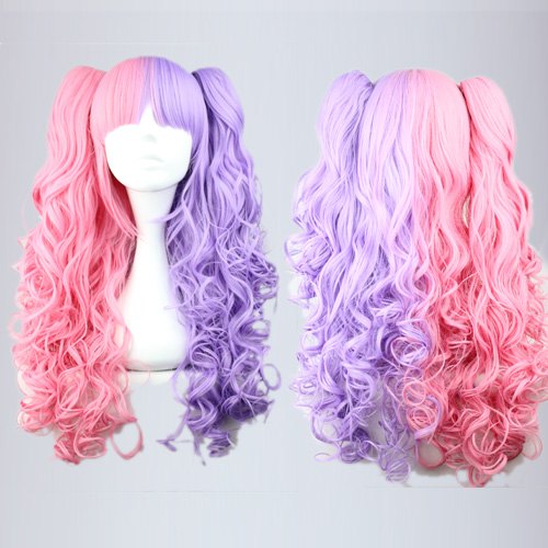 Pretty Lolita Hairstyle Long Curly Pink with Purple Mixed Synthetic Hair Cosplay Wig 28 Inches