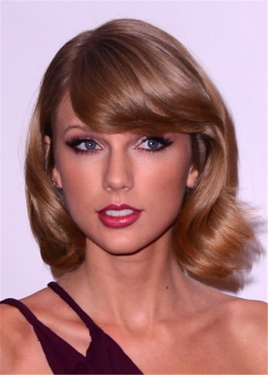 Taylor Swift Short Haircut Wavy Human Hair Wig With Side Swept Bangs 16 Inches
