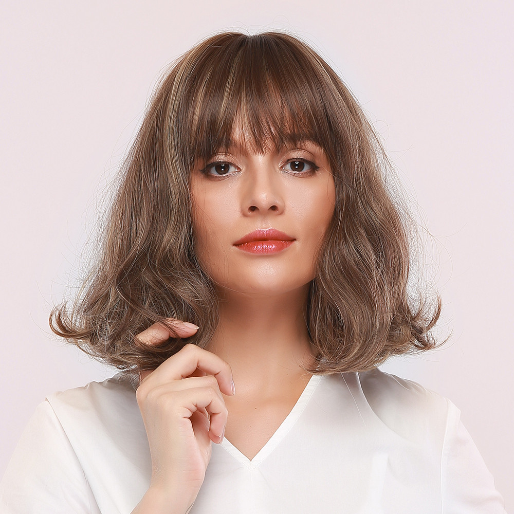 Medium Hairstyle Women's Bob Style Wavy Synthetic Hair Capless Wigs With Bangs 14Inches