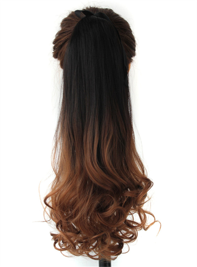 Long Wave Dark Brown Ombre Synthetic Ponytail Lace Up 22 Inches