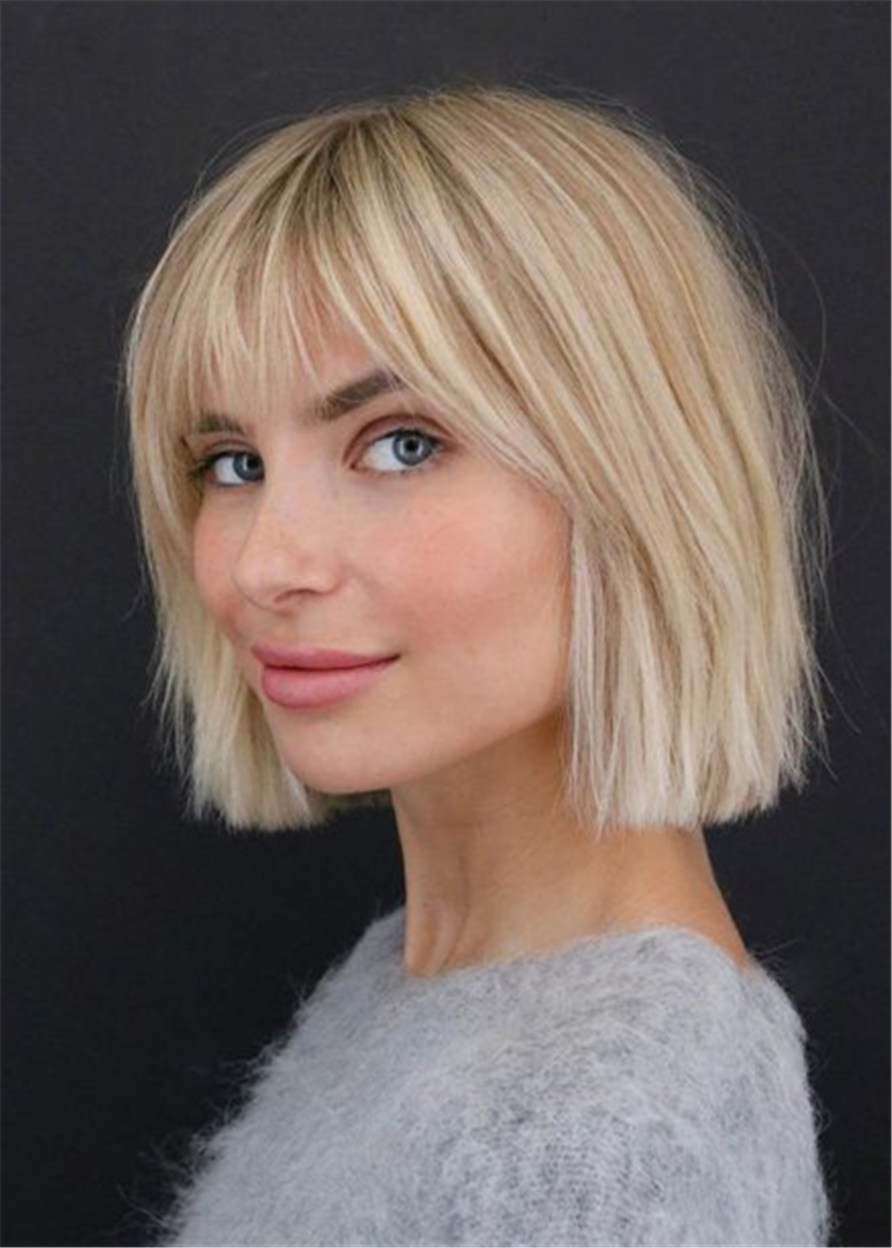 Short Bob Natural Straight Synthetic Hair With Bangs Capless Wigs 14Inches