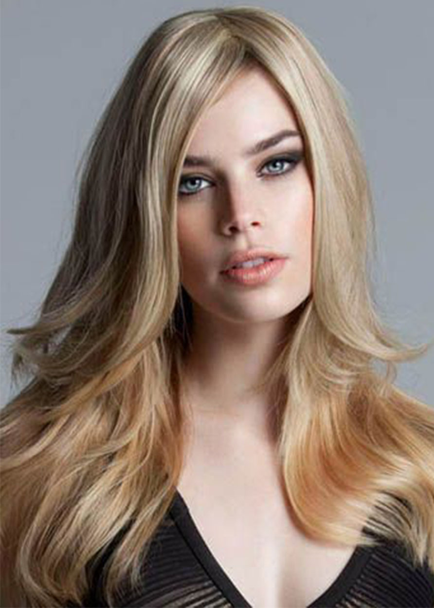 Natural Gold Blonde Color Women's Long Length Hairstyles Straight Synthetic Hair Capless Wigs 24Inch