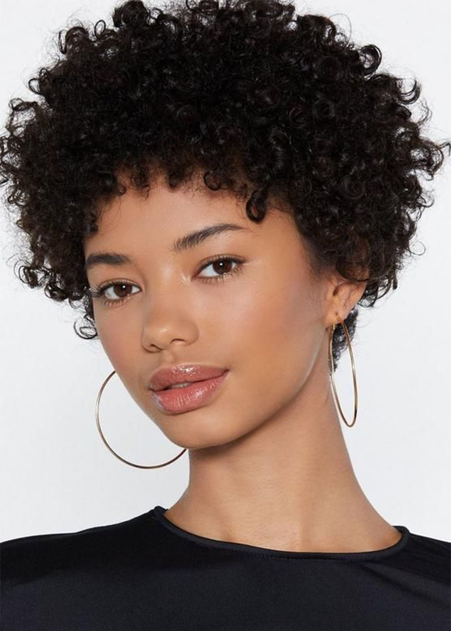 African American Women's Short Afro Curly Human Hair Lace Front Cap Wig 8Inch