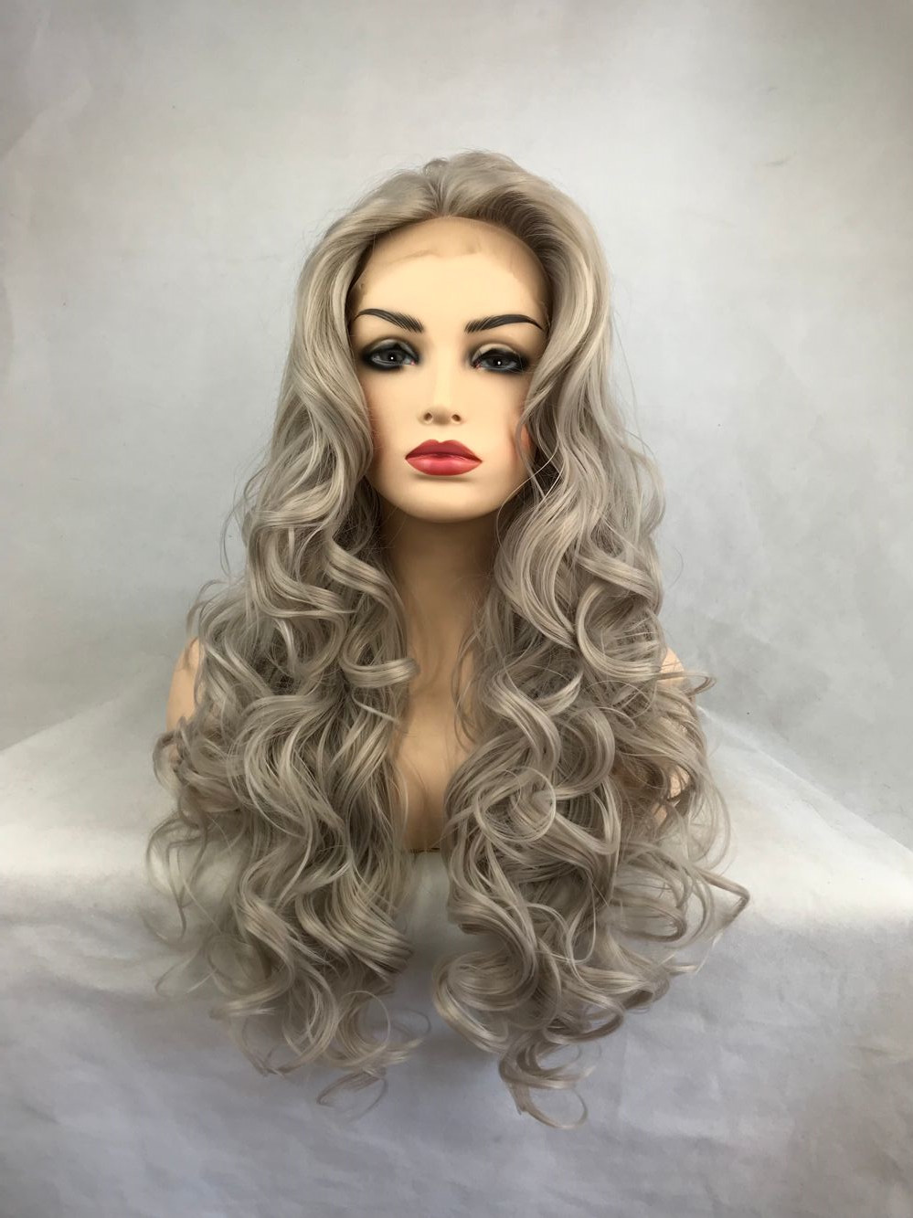 Long Grey Curly Synthetic Hair Lace Front Wig 32 Inches