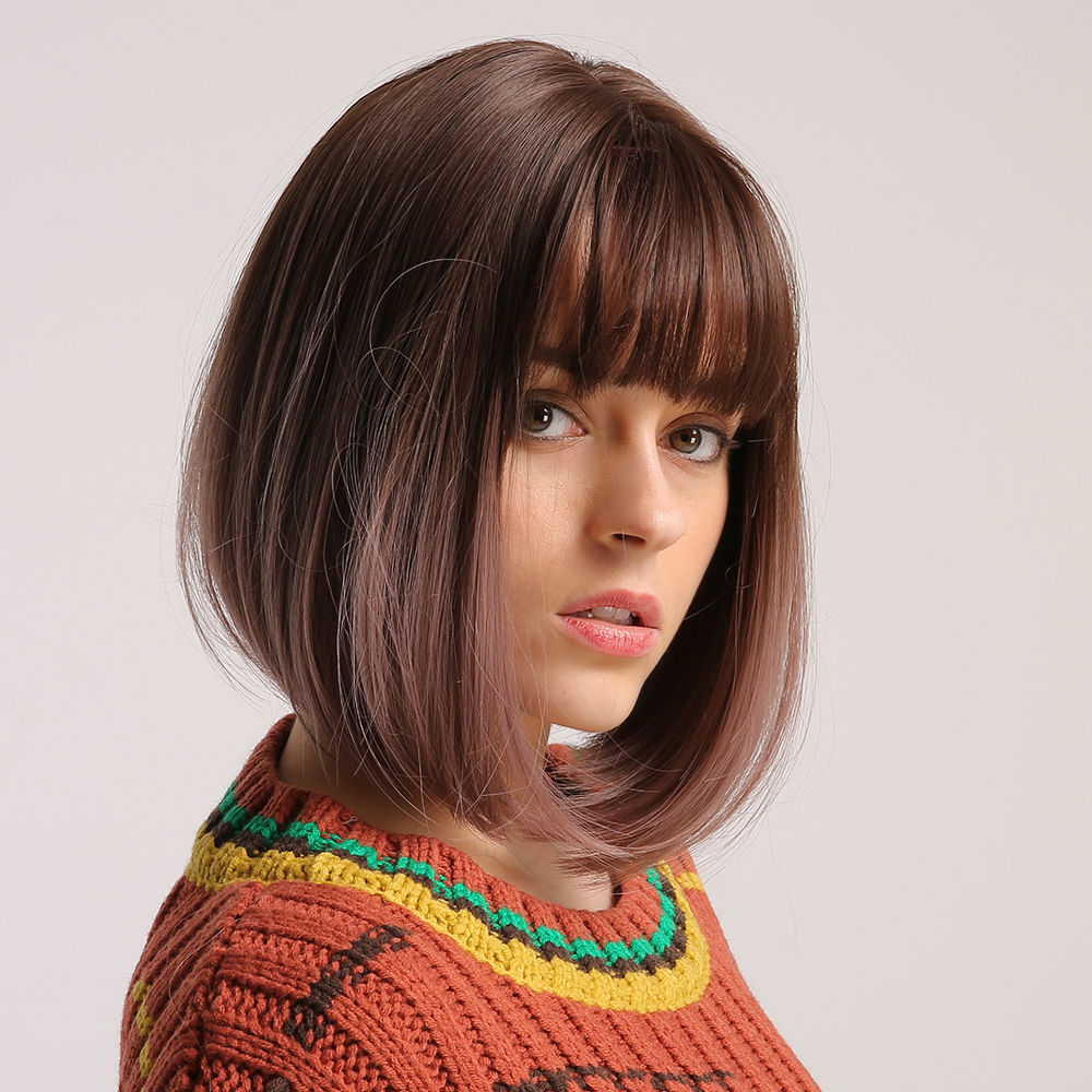 Short Bob Wig with Bangs Capless Straight Synthetic Hair Wigs 12Inch