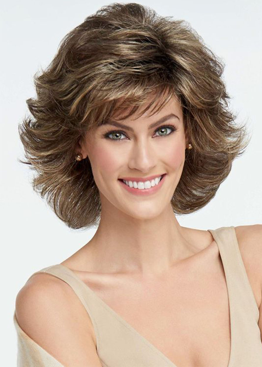 Natural Looking Short Wavy Synthetic Hair Wig Brown Color Capless Wigs 14INCH