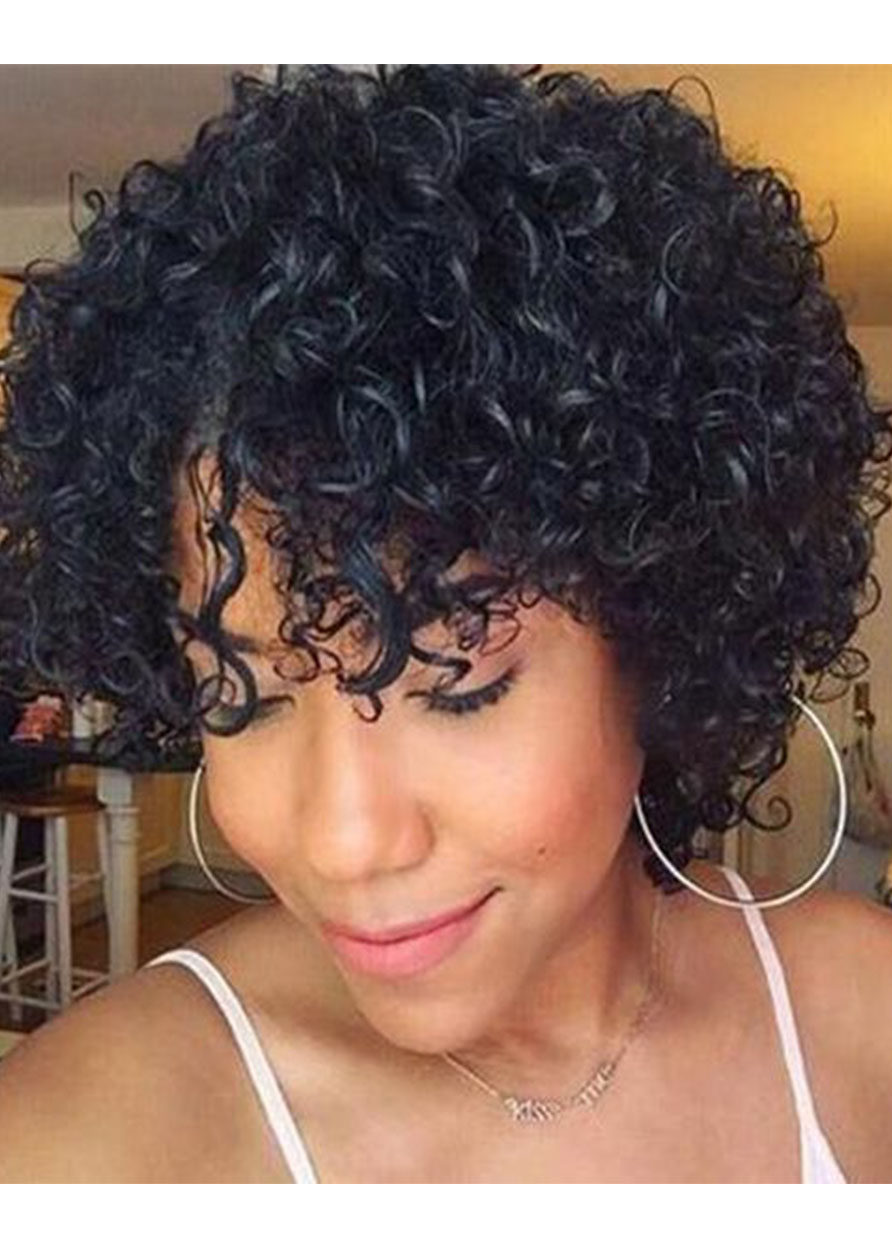 Afro Kinky Curly Women's Short Curly Hairstyles Human Hair Wigs With Bangs Lace Front Wigs 10Inch