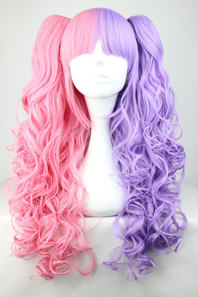 Pretty Lolita Hairstyle Long Curly Pink with Purple Mixed Synthetic Hair Cosplay Wig 28 Inches