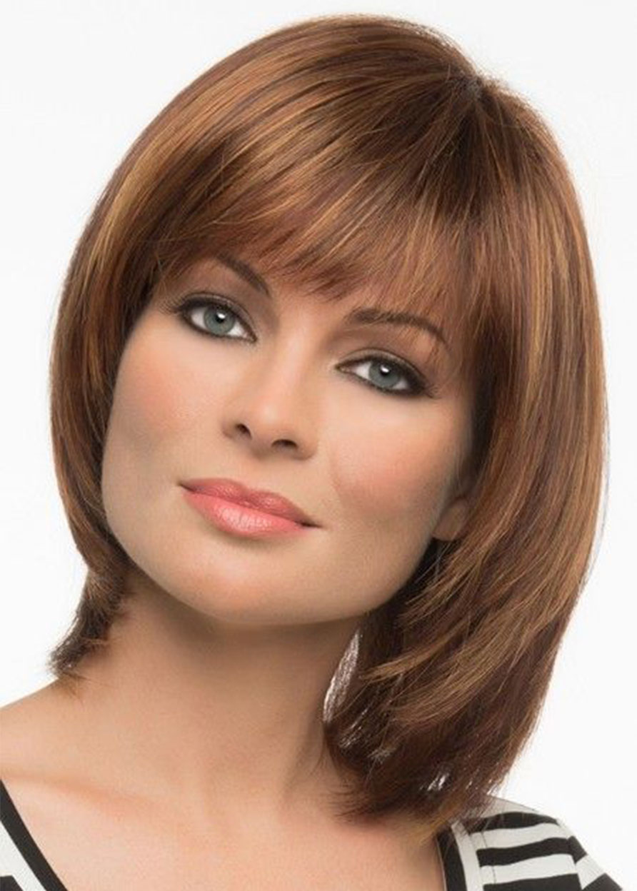 Women's Short Bob Hairstyle With Bangs Straight Human Hair Lace Front Wigs 12Inch