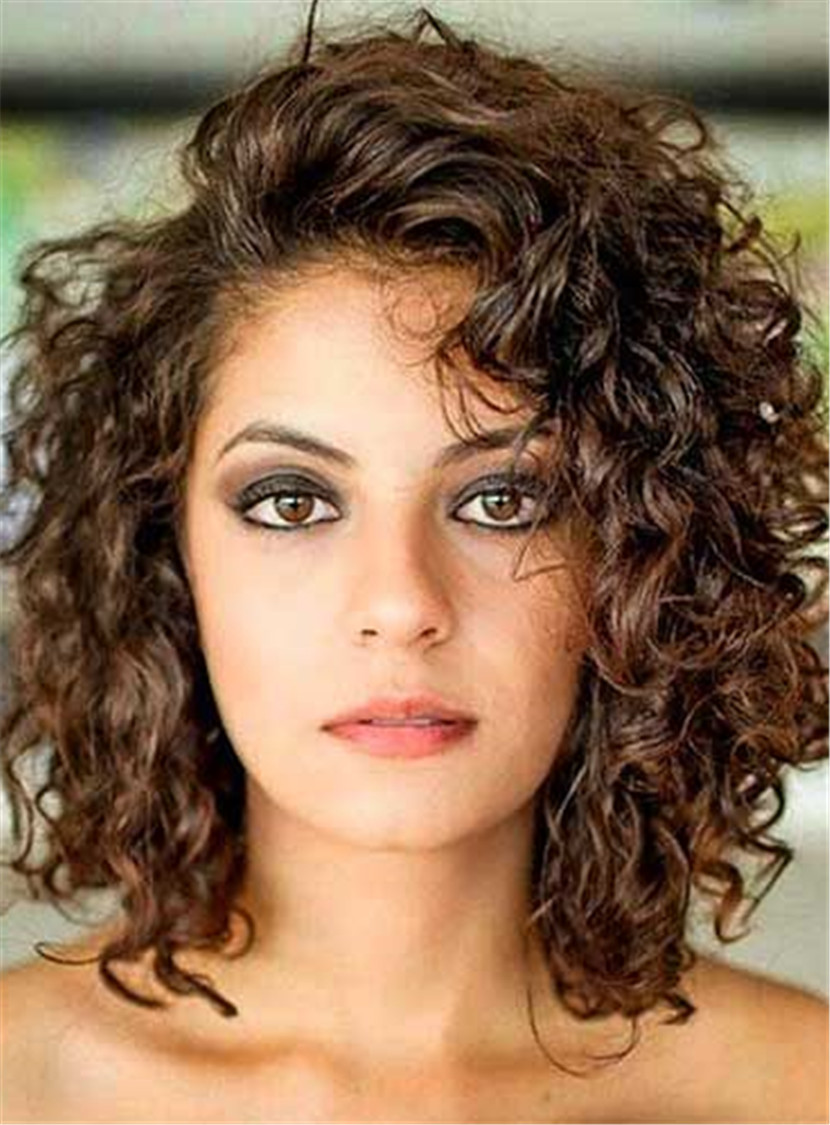 Side Swept Bangs Curly Mid-Length Human Hair Lace Front Wigs 12 Inches