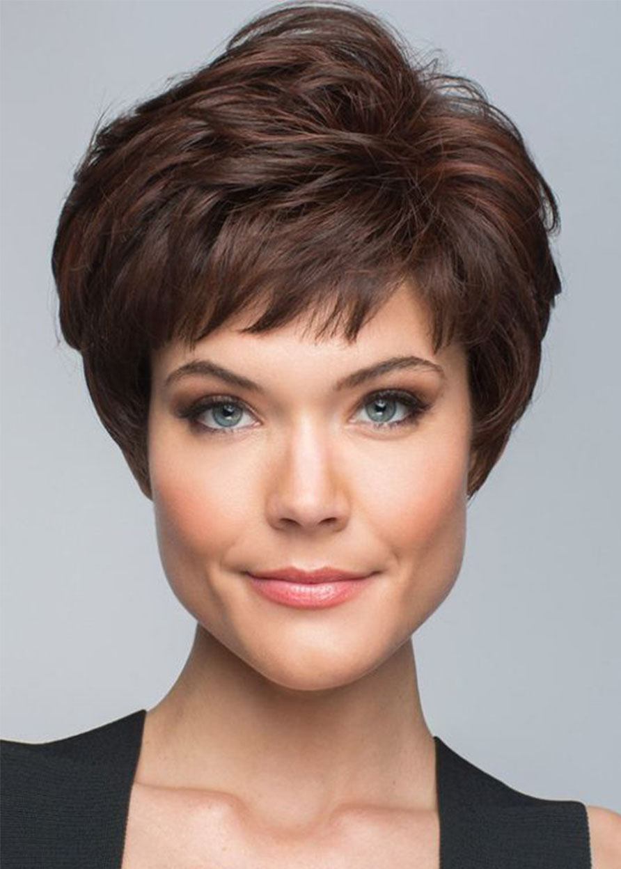 Short Bob Hairstyles Woomen's Short Layered Straight Human Hair Wigs Lace Front Cap Wigs With Bangs 8Inch