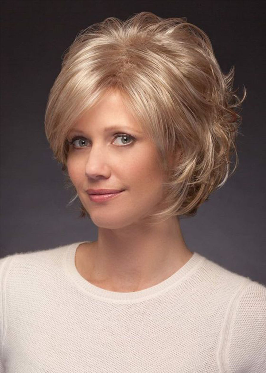 Natural Looking Women's Short Layered Hairstyles Wavy Human Hair Lace Front Cap Wigs 10Inch