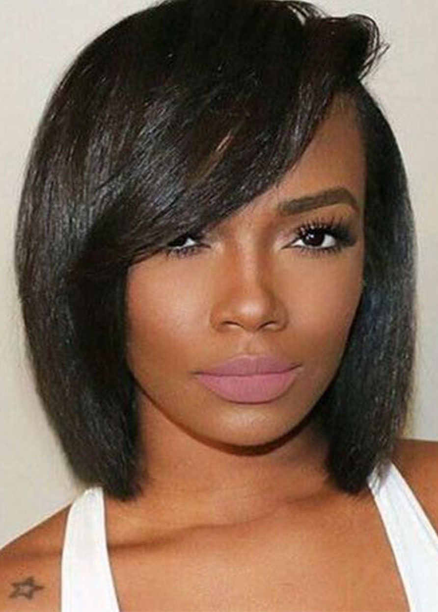 Short Bob Hairstyles Side Part Wigs With Bangs Straight Synthetic Hair Capless Wigs For African American 12Inch