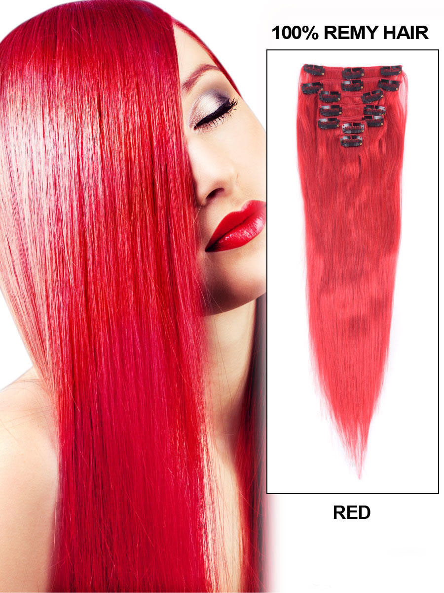 Straight Red 7PCS Clip in Remy Human Hair Extensions
